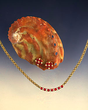 rubies & diamonds on abalone shell